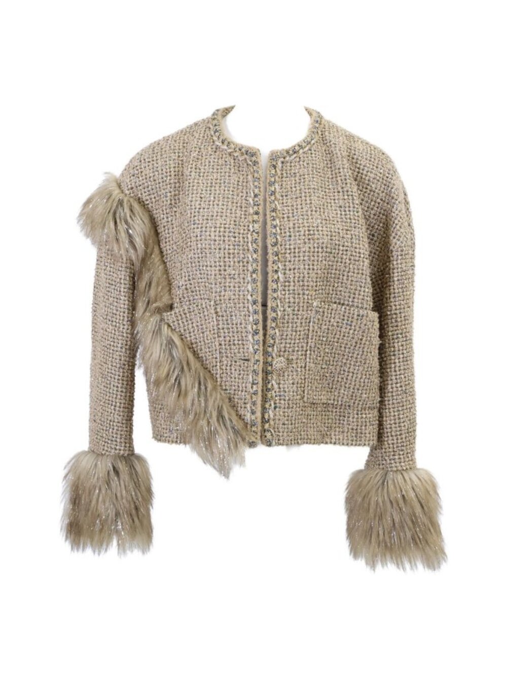 Chanel Tweed Bijou CC Logo Button Collarless Jacket 38